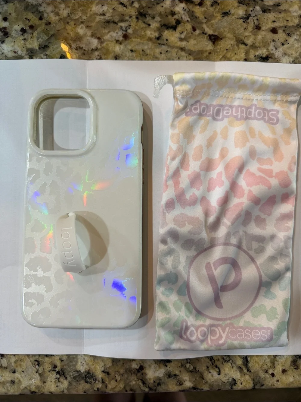 Loopy Case White Holographic Leopard Phone Case with Built-In Loop